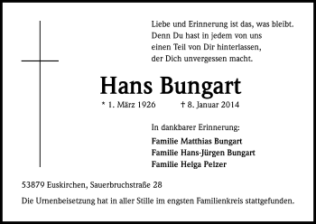 Anzeige von Hans Bungart von Kölner Stadt-Anzeiger / Kölnische Rundschau / Express