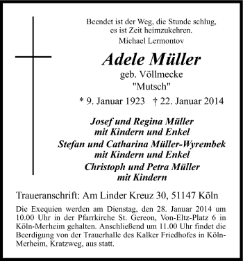 Anzeige von Adele Müller von Kölner Stadt-Anzeiger / Kölnische Rundschau / Express