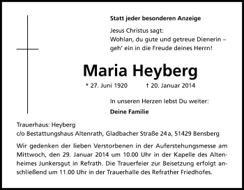 Anzeige von Maria Heyberg von Kölner Stadt-Anzeiger / Kölnische Rundschau / Express