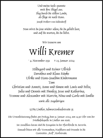 Anzeige von Willi Kremer von Kölner Stadt-Anzeiger / Kölnische Rundschau / Express