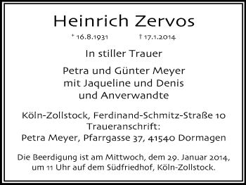 Anzeige von Heinrich Zervos von Kölner Stadt-Anzeiger / Kölnische Rundschau / Express