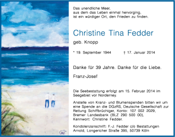Anzeige von Christine Tina Fedder von Kölner Stadt-Anzeiger / Kölnische Rundschau / Express