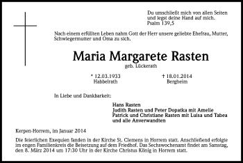 Anzeige von Maria Margarete Rasten von Kölner Stadt-Anzeiger / Kölnische Rundschau / Express