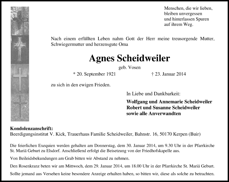  Traueranzeige für Agnes Scheidweiler vom 25.01.2014 aus Kölner Stadt-Anzeiger / Kölnische Rundschau / Express