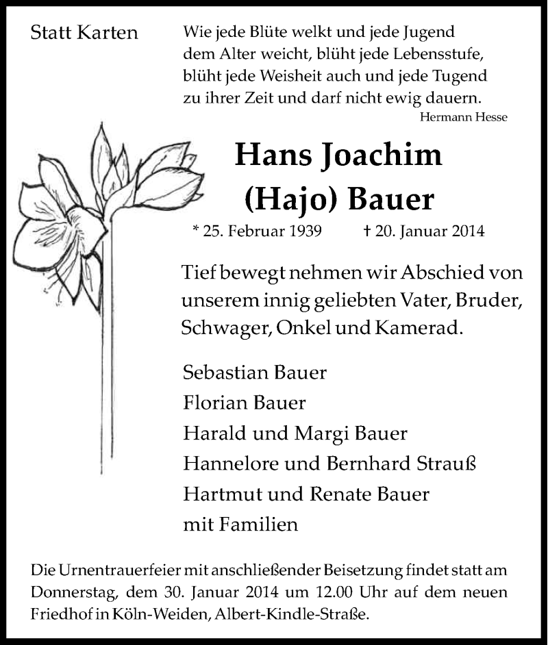  Traueranzeige für Hans-Joachim Bauer vom 25.01.2014 aus Kölner Stadt-Anzeiger / Kölnische Rundschau / Express
