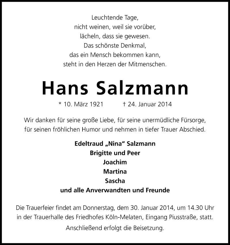  Traueranzeige für Hans Salzmann vom 25.01.2014 aus Kölner Stadt-Anzeiger / Kölnische Rundschau / Express