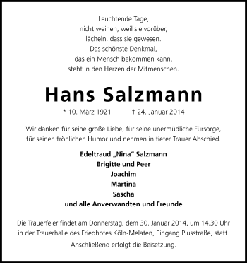 Anzeige von Hans Salzmann von Kölner Stadt-Anzeiger / Kölnische Rundschau / Express