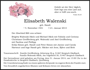 Anzeige von Elisabeth Walenski von Kölner Stadt-Anzeiger / Kölnische Rundschau / Express