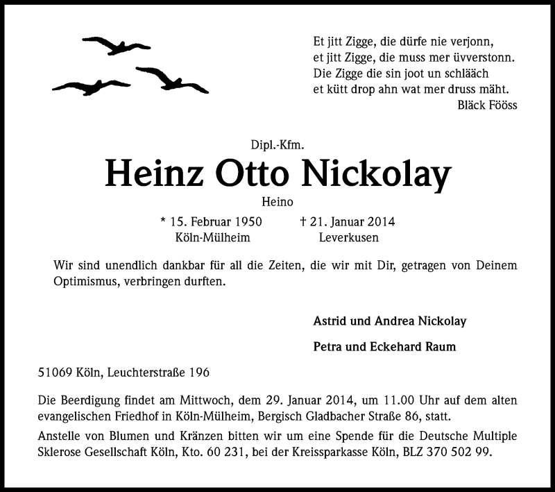  Traueranzeige für Heinz Otto Nickolay vom 25.01.2014 aus Kölner Stadt-Anzeiger / Kölnische Rundschau / Express