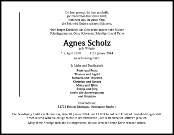 Anzeige von Agnes Scholz von Kölner Stadt-Anzeiger / Kölnische Rundschau / Express