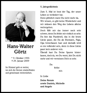 Anzeige von Hans-Walter Goertz von Kölner Stadt-Anzeiger / Kölnische Rundschau / Express