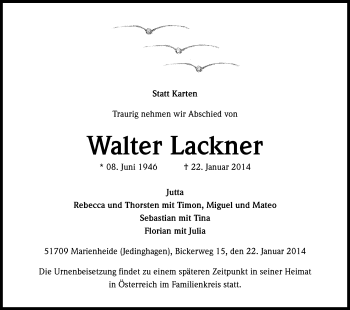 Anzeige von Walter Lackner von Kölner Stadt-Anzeiger / Kölnische Rundschau / Express