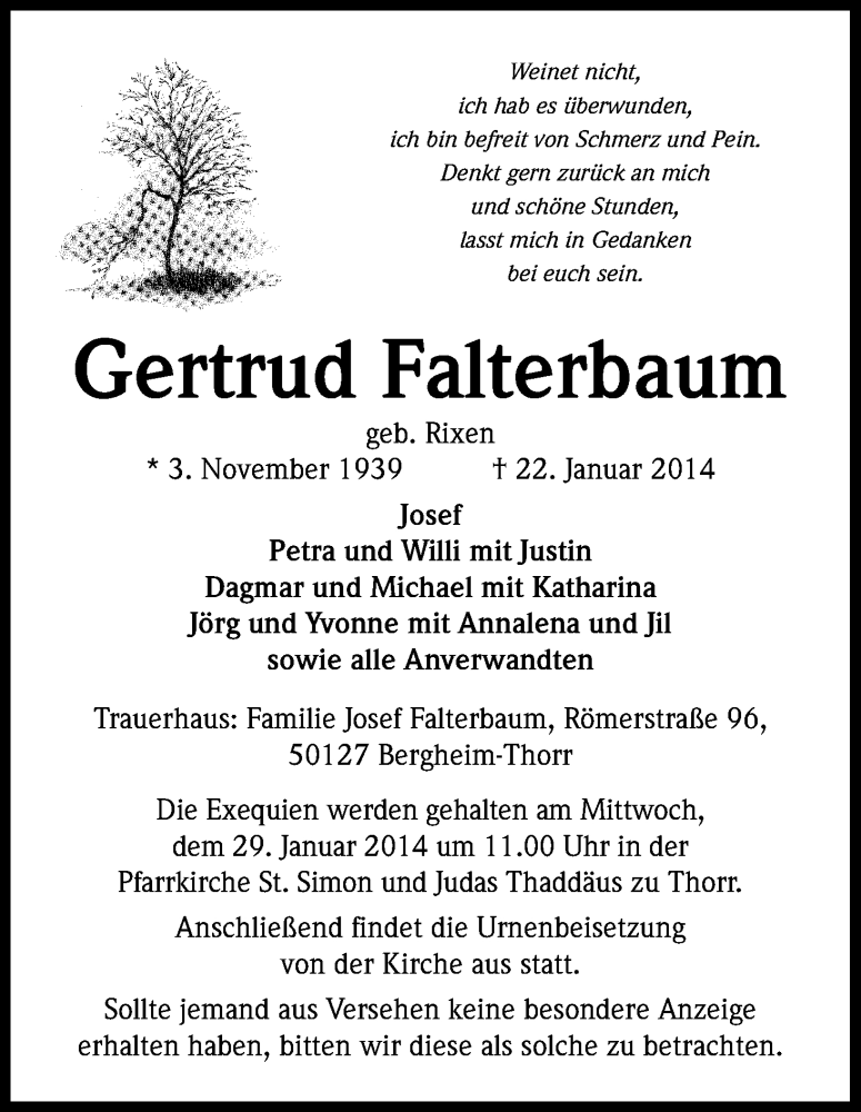  Traueranzeige für Gertrud Falterbaum vom 25.01.2014 aus Kölner Stadt-Anzeiger / Kölnische Rundschau / Express