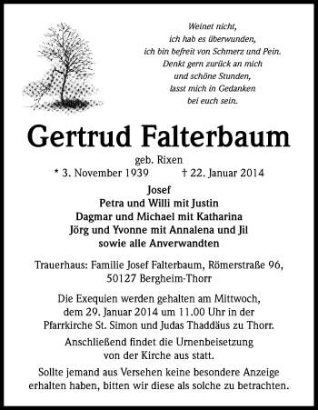 Anzeige von Gertrud Falterbaum von Kölner Stadt-Anzeiger / Kölnische Rundschau / Express