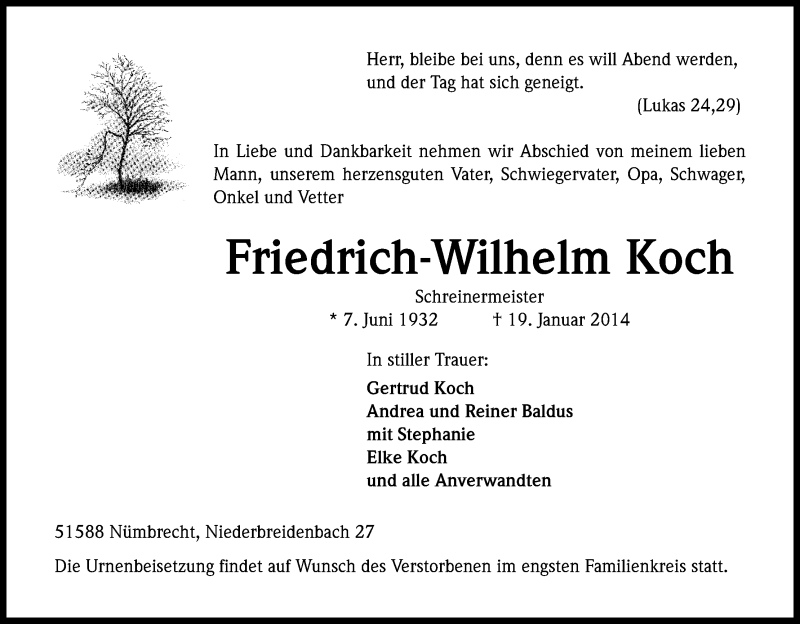  Traueranzeige für Friedrich-Wilhelm Koch vom 27.01.2014 aus Kölner Stadt-Anzeiger / Kölnische Rundschau / Express