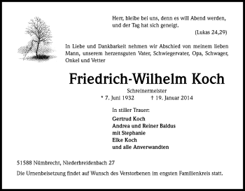 Anzeige von Friedrich-Wilhelm Koch von Kölner Stadt-Anzeiger / Kölnische Rundschau / Express