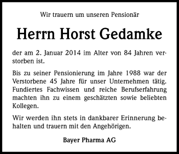 Anzeige von Horst Gedamke von Kölner Stadt-Anzeiger / Kölnische Rundschau / Express