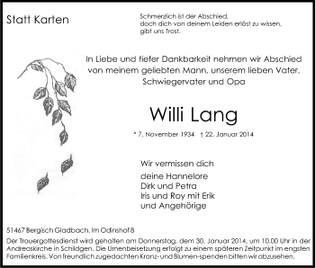 Anzeige von Willi Lang von Kölner Stadt-Anzeiger / Kölnische Rundschau / Express