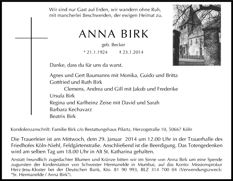  Traueranzeige für Anna Birk vom 25.01.2014 aus Kölner Stadt-Anzeiger / Kölnische Rundschau / Express
