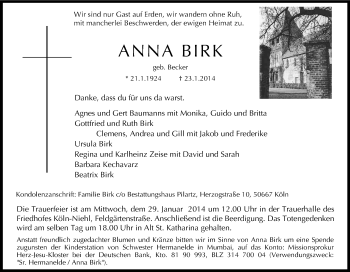 Anzeige von Anna Birk von Kölner Stadt-Anzeiger / Kölnische Rundschau / Express