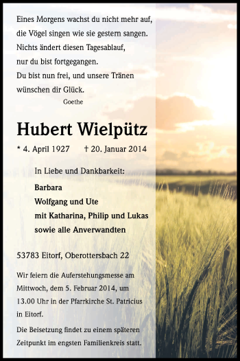 Anzeige von Hubert Wielpütz von Kölner Stadt-Anzeiger / Kölnische Rundschau / Express