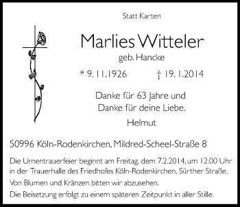 Anzeige von Marlies Witteler von Kölner Stadt-Anzeiger / Kölnische Rundschau / Express