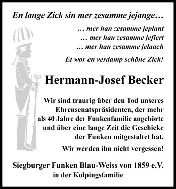 Anzeige von Hermann-Josef Becker von Kölner Stadt-Anzeiger / Kölnische Rundschau / Express