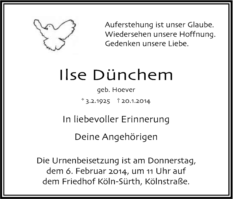  Traueranzeige für Ilse Dünchem vom 01.02.2014 aus Kölner Stadt-Anzeiger / Kölnische Rundschau / Express
