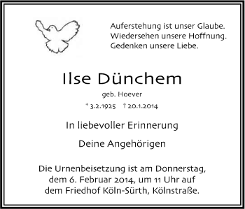 Anzeige von Ilse Dünchem von Kölner Stadt-Anzeiger / Kölnische Rundschau / Express