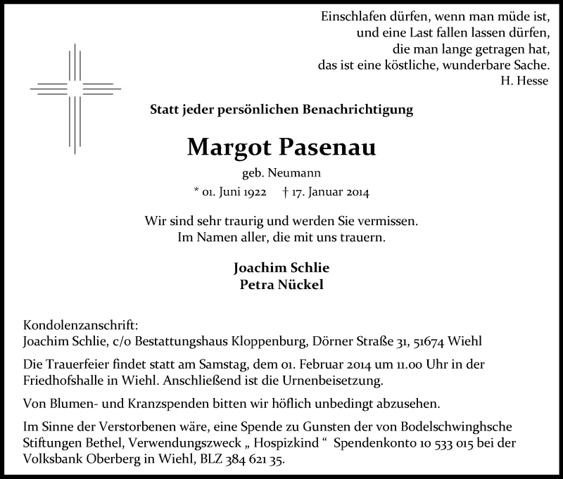  Traueranzeige für Margot Pasenau vom 25.01.2014 aus Kölner Stadt-Anzeiger / Kölnische Rundschau / Express
