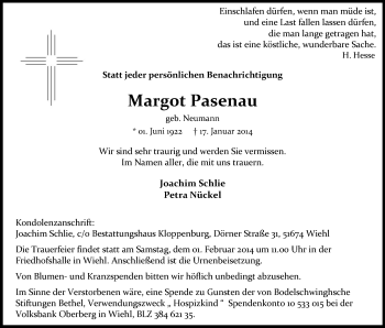 Anzeige von Margot Pasenau von Kölner Stadt-Anzeiger / Kölnische Rundschau / Express