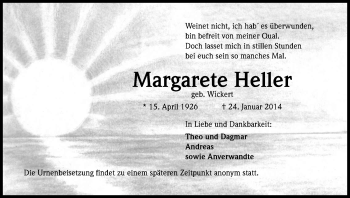 Anzeige von Margarete Heller von Kölner Stadt-Anzeiger / Kölnische Rundschau / Express