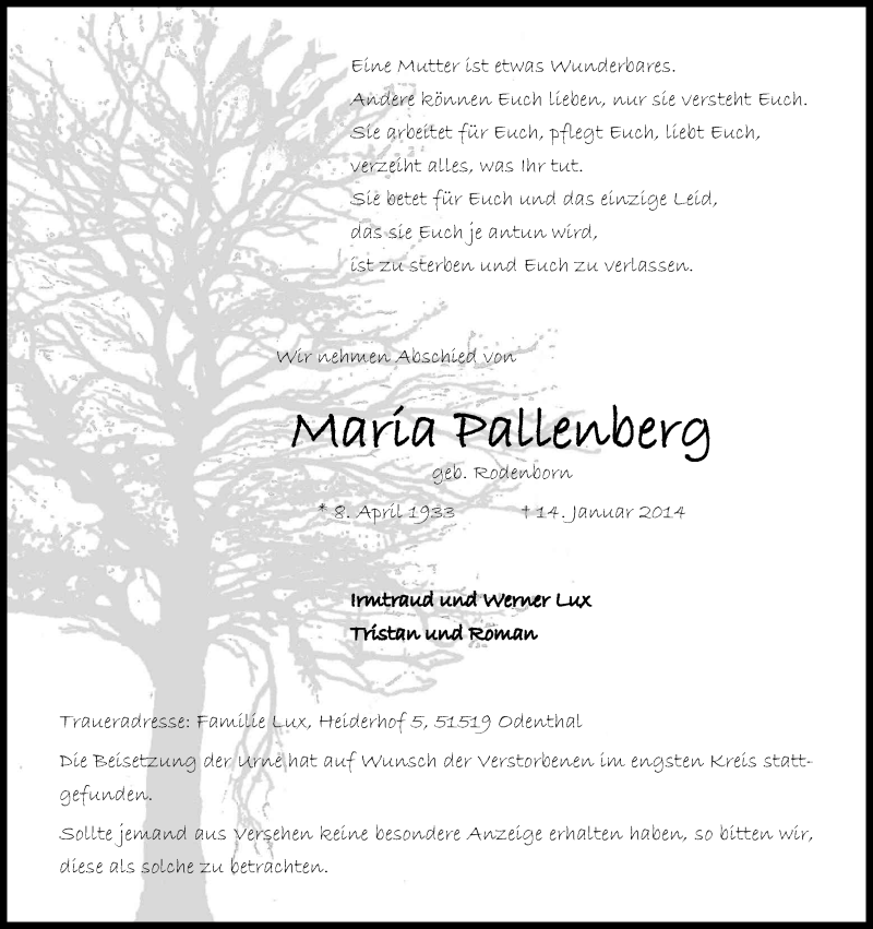 Traueranzeige für Maria Pallenberg vom 05.02.2014 aus Kölner Stadt-Anzeiger / Kölnische Rundschau / Express