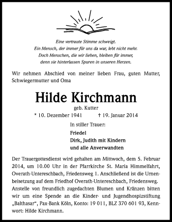 Anzeige von Hilde Kirchmann von Kölner Stadt-Anzeiger / Kölnische Rundschau / Express