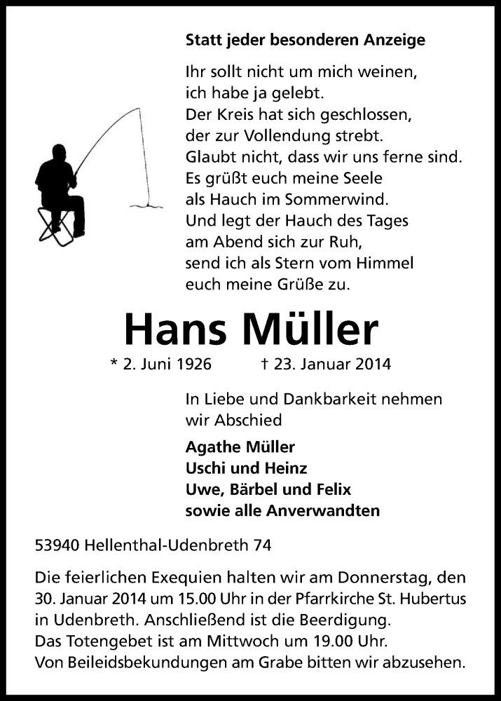  Traueranzeige für Hans Müller vom 27.01.2014 aus Kölner Stadt-Anzeiger / Kölnische Rundschau / Express