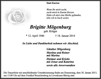 Anzeige von Brigitte Mögenburg von Kölner Stadt-Anzeiger / Kölnische Rundschau / Express