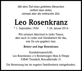 Anzeige von Leo Rosenkranz von Kölner Stadt-Anzeiger / Kölnische Rundschau / Express