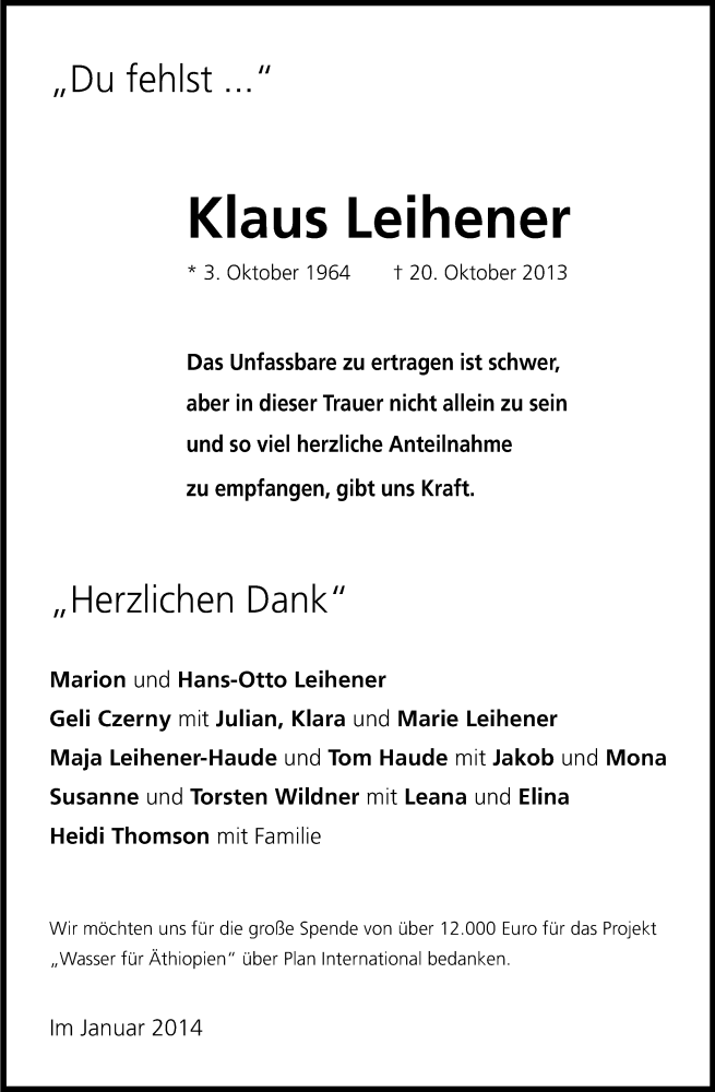  Traueranzeige für Klaus Leihener vom 29.01.2014 aus Kölner Stadt-Anzeiger / Kölnische Rundschau / Express