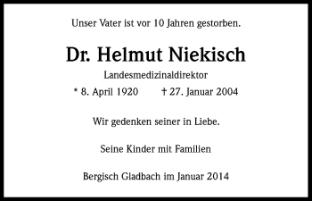Anzeige von Helmut Niekisch von Kölner Stadt-Anzeiger / Kölnische Rundschau / Express