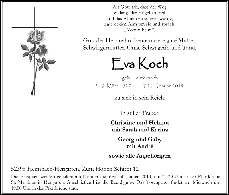  Traueranzeige für Eva Koch vom 28.01.2014 aus Kölner Stadt-Anzeiger / Kölnische Rundschau / Express