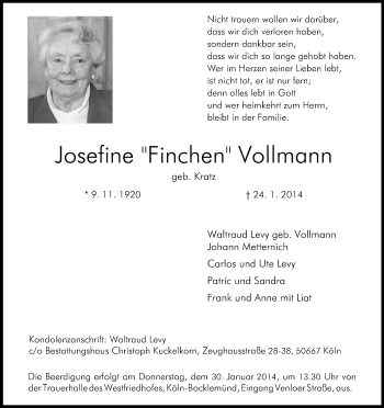 Anzeige von Josefine Vollmann von Kölner Stadt-Anzeiger / Kölnische Rundschau / Express