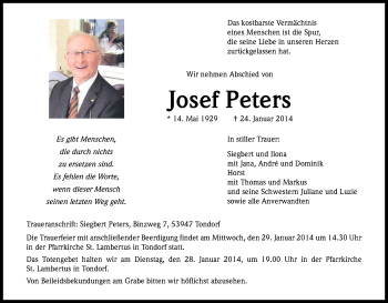 Anzeige von Josef Peters von Kölner Stadt-Anzeiger / Kölnische Rundschau / Express