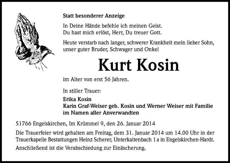  Traueranzeige für Kurt Kosin vom 28.01.2014 aus Kölner Stadt-Anzeiger / Kölnische Rundschau / Express
