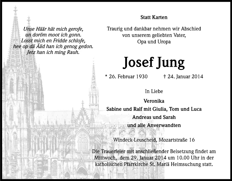  Traueranzeige für Josef Jung vom 28.01.2014 aus Kölner Stadt-Anzeiger / Kölnische Rundschau / Express