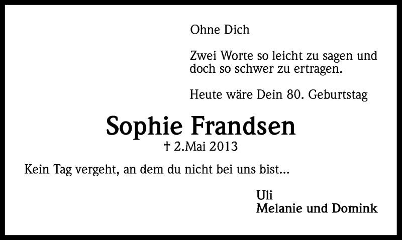  Traueranzeige für Sophie Frandsen vom 28.01.2014 aus Kölner Stadt-Anzeiger / Kölnische Rundschau / Express