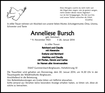 Anzeige von Anneliese Bursch von Kölner Stadt-Anzeiger / Kölnische Rundschau / Express