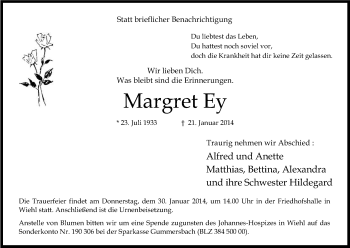 Anzeige von Margret Ey von Kölner Stadt-Anzeiger / Kölnische Rundschau / Express