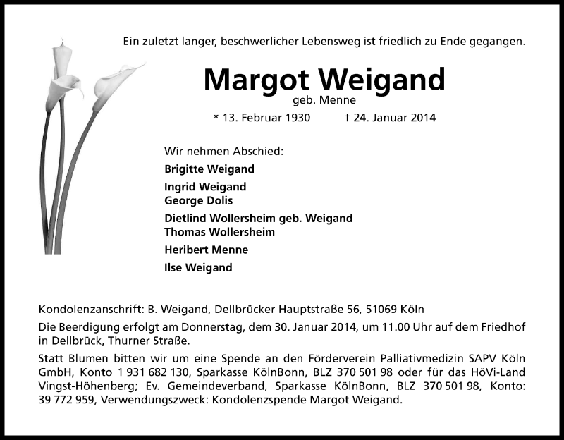  Traueranzeige für Margot Weigand vom 28.01.2014 aus Kölner Stadt-Anzeiger / Kölnische Rundschau / Express