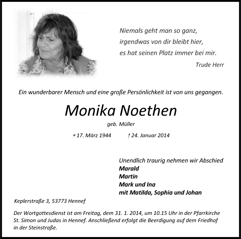  Traueranzeige für Monika Noethen vom 28.01.2014 aus Kölner Stadt-Anzeiger / Kölnische Rundschau / Express