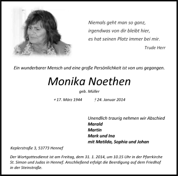 Anzeige von Monika Noethen von Kölner Stadt-Anzeiger / Kölnische Rundschau / Express